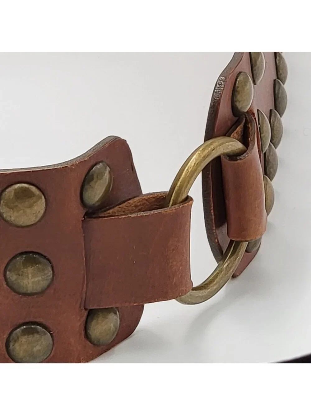 Vtg Y2k Express Studded Boho Brown Leather Wide Belt Antique Brass Hardware